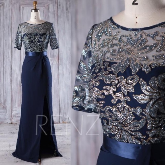 RENZ BRIDAL Navy Blue Satin Chiffon Embellished Gown - Picture 17 of 17